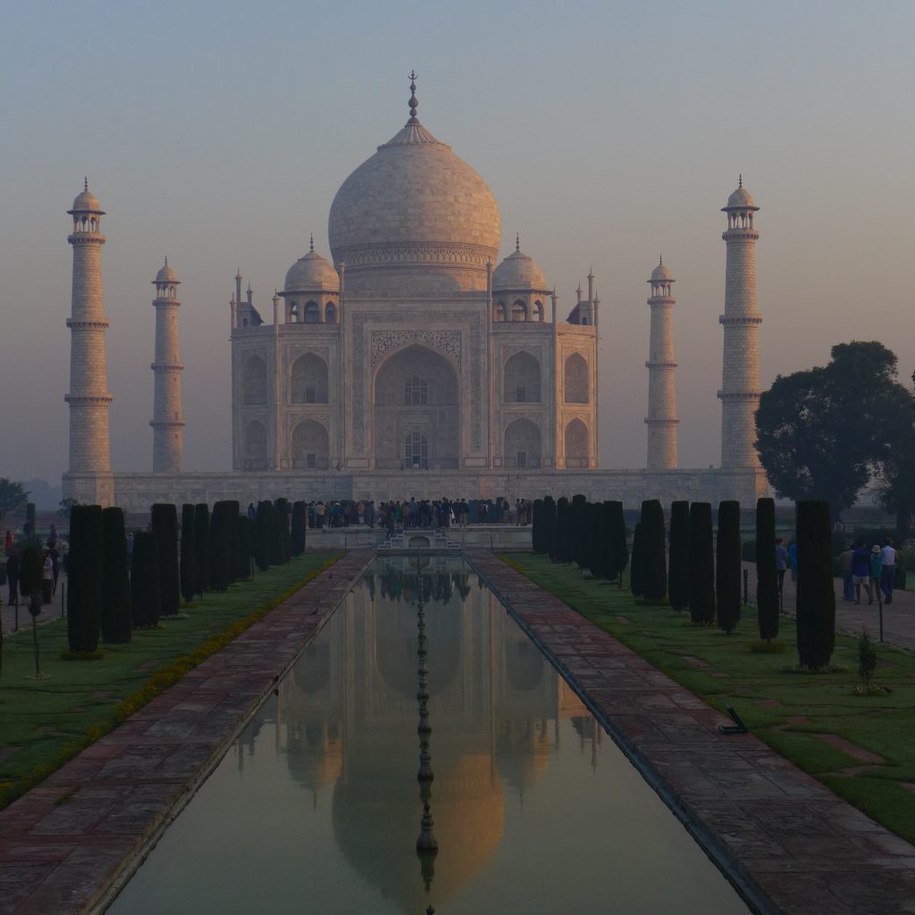 First view of the Taj Mahal, still a little dark, and foggy. 