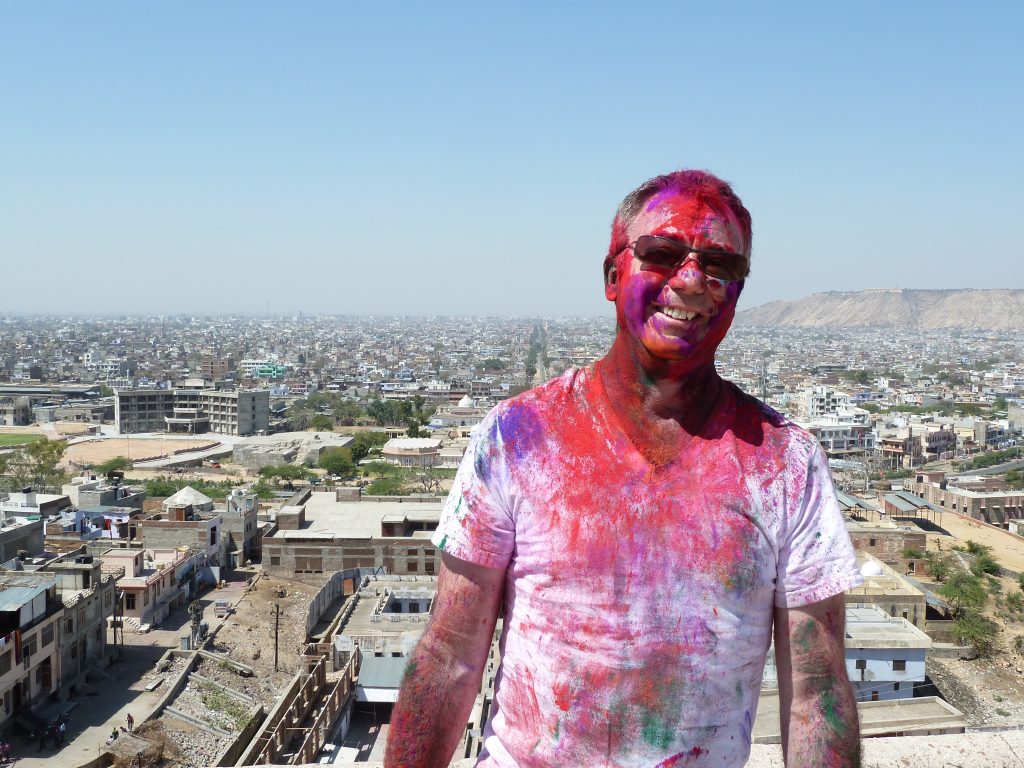 Your's truly in Holi Color, the white T-Shirt is still a souvenir, and the Lufthansa first class pajama bottoms were very convenient. 